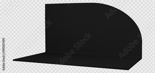 Booth with round corner and 3d stand mockup wall for exhibition tradeshow. Empty store room with black area interior and showroom display space. Vector blank fair trade perspective render for expo