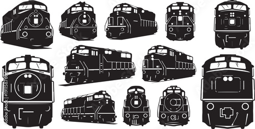 Collection of various train illustrations in black and white