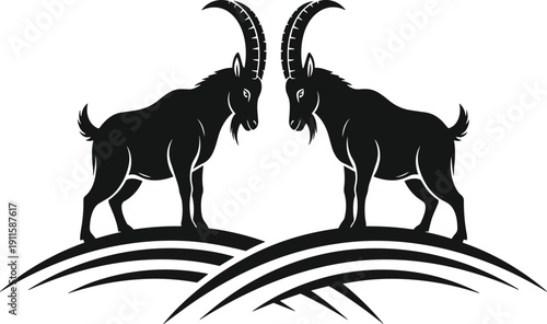 Wild mountain goat ibex silhouette set with long horns standing on rocky hill cad drawing flat vector illustration for nature and wildlife concept,