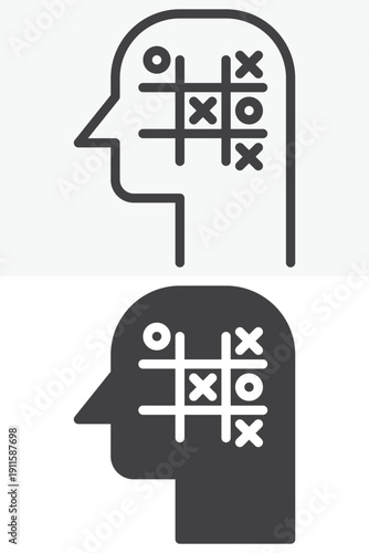 Tic tac toe head icon set with profile and grid in line, outline and solid styles. Editable stroke vector icon sign, symbol for decision making, thinking and strategy game.