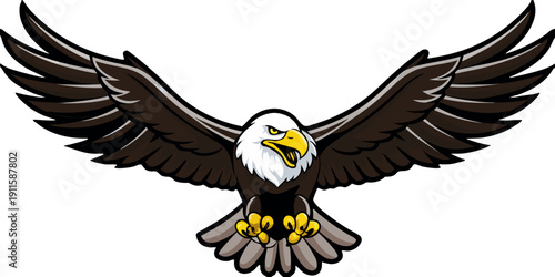 A fierce bald eagle with wings spread facing the viewer