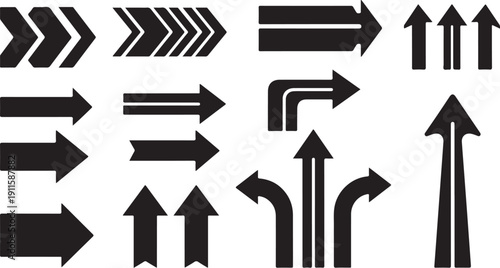 Collection of various black directional arrows on white background