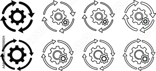 Collection of process and workflow icons featuring gears and circular arrows, symbolizing continuous improvement, settings optimization, refresh, and system automation