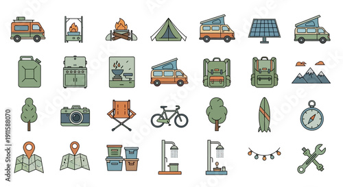 Camping icons and travel symbols.