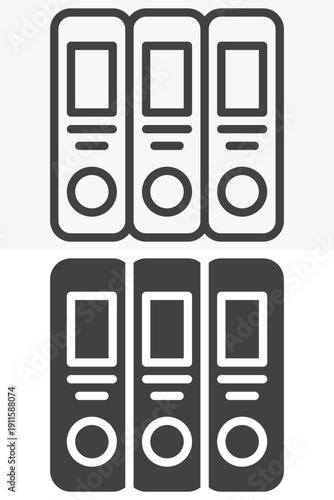 Office folders binders icon set with file spines in line, outline and solid styles. Editable stroke vector icon sign, symbol for archive, storage, records and organization.