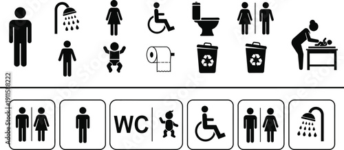 Universal Public Facility Icons Set Restroom, Accessibility, Baby Changing, and Shower Signs – Black and White Vector Pictograms for Navigation and Information