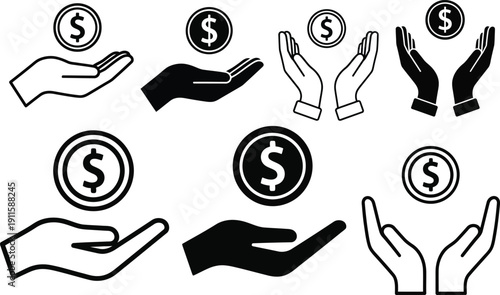 Collection of Icons Depicting Hands Holding and Receiving Coins, Symbolizing Finance and Wealth
