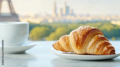 Flaky Croissant on White Plate Beside Coffee Cup with Blurred Cityscape and Eiffel Tower in Background Evoking Peaceful Morning and Parisian Breakfast Charm