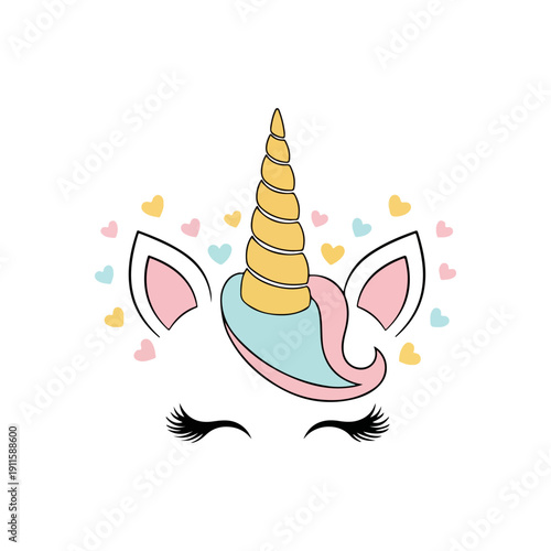 A whimsical illustration of a unicorn head surrounded by colorful hearts