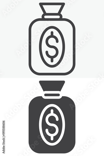 Money bag dollar icon set with currency sack in line, outline and solid styles. Editable stroke vector icon sign, symbol for profit, income and financial savings.