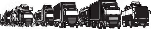 Black and white illustration of various semi trucks lineup