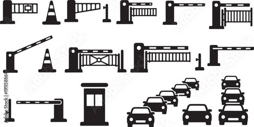 Traffic control gates and barriers with cars illustration set