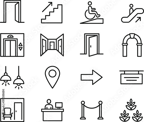 Blue line accessibility and navigation icon set featuring elevator stairs wheelchair ramp escalator reception desk doorway arch lighting and wayfinding symbols isolated on white background