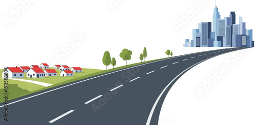 Road leading from a suburban neighborhood to a modern city skyline, illustrating urban development and growth