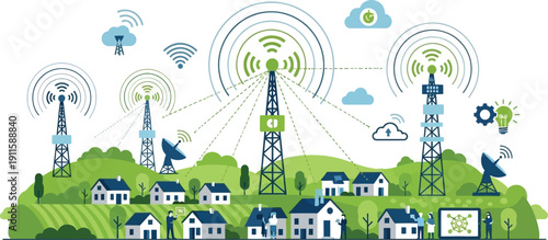 Integrated Wireless Communication Network Connecting Smart Homes to Digital Services and Cloud Computing Infrastructure, Illustrating Modern Connectivity and Technology