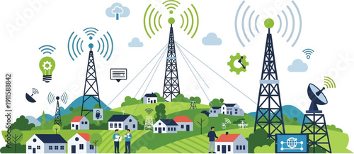 Digital Communication Network Across a Connected Village with Telecommunication Towers and Wireless Signals