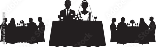 Wedding reception silhouette of bride and groom at head table with guests at side tables couple