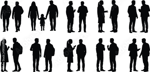 Collection of Business People Silhouettes Standing, Walking and Talking Isolated on White Background, Corporate Teamwork, Family Figures and Professional Communication Concept Set