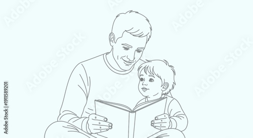 Father and son reading a book together with happy expressions.