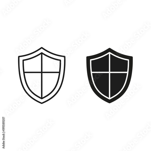 A black and white shield icon set with a cross in the middle Vector