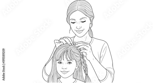 Mother gently braiding her young daughter's hair with love and care.