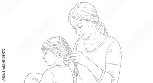 Mother gently combing her young daughter's hair with care and love.