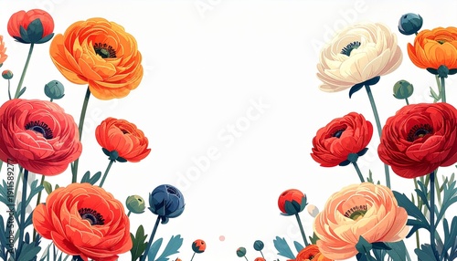 Colorful Ranunculus flower frame illustration in modern flat design style for botanical backgrounds and greeting cards.