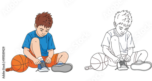 Little boy tying shoelaces with basketball vector illustration and black and white coloring page outline isolated on white background
