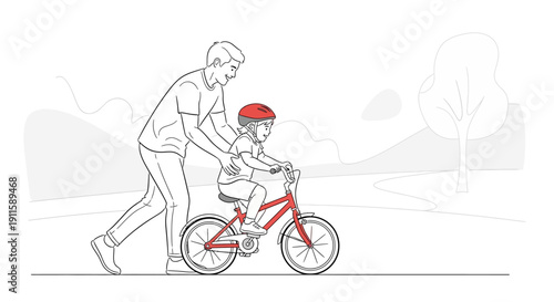 Father teaching young child to ride a bicycle in a park.