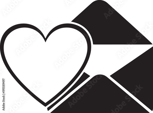 Black and white heart symbol emerging from an open envelope love