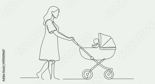 Mother Pushing Baby Stroller in Simple Line Art.