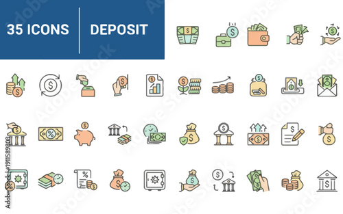Collection of 35 deposit icons representing financial transactions and banking services in various styles and colors