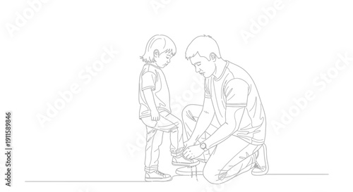 Man kneeling down to tie shoelaces for a young girl.