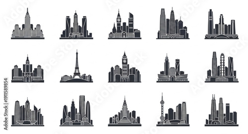 Collection of City Skylines and Famous Landmarks Silhouettes.
