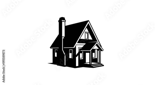 Minimalist 3D perspective silhouette of a suburban house with chimney and porch