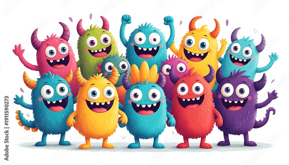 Fototapeta premium colorful fluffy creatures with horns and big eyes