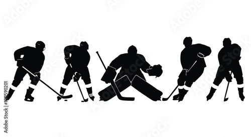 Hockey players silhouetted set with goalie defending in action scenes featuring silhouettes, sports, athletes with team and defense elements for black and white, dynamic projects, clean composition