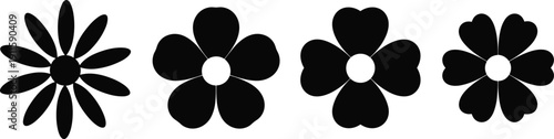 Set of black flower silhouette icons with various petal shapes representing botanical design nature elements spring season floral patterns garden decoration and creative minimalist graphics