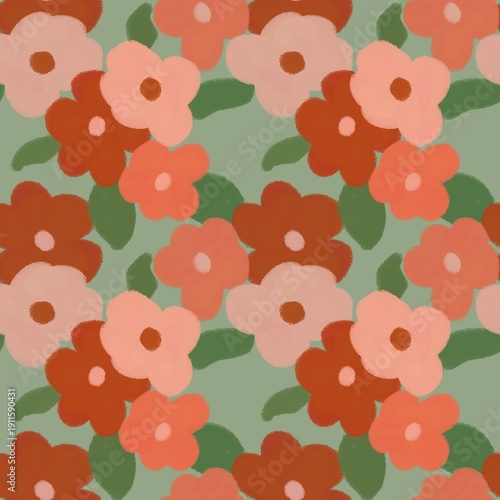 Seamless floral pattern with hand-drawn abstract flowers in warm peach and terracotta tones on a soft green background. Modern retro style illustration, perfect for textiles, wallpaper, wrapping paper