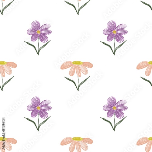 Seamless hand-drawn flowe pattern with soft peach petals and yellow centers on a light background. Crayon-style floral illustration, perfect for textiles, wallpaper, wrapping paper, and surface design