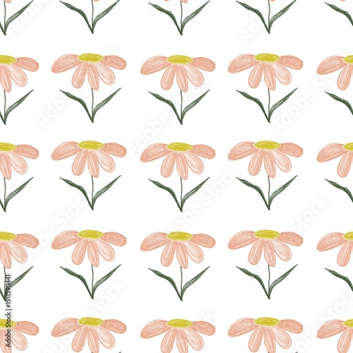 Seamless hand-drawn daisy pattern with soft peach petals and yellow centers on a light background. Crayon-style floral illustration, perfect for textiles, wallpaper, wrapping paper, and surface design