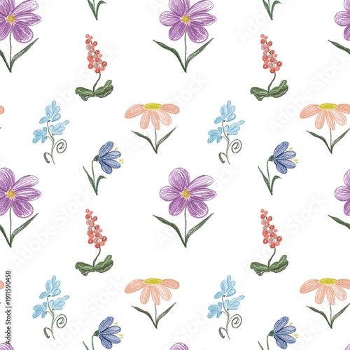 Seamless hand-drawn floral pattern with colorful wildflowers in pastel tones on a white background. Crayon-style botanical illustration, perfect for fabric, wallpaper, wrapping paper.