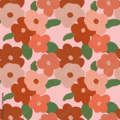 Seamless floral pattern with hand-drawn abstract flowers in warm peach and terracotta tones on a soft pink background. Modern retro style illustration, perfect for textiles, wallpaper, wrapping paper