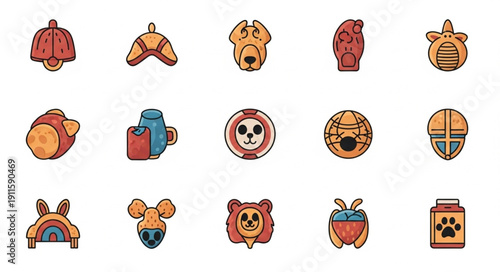 Collection of Cute Cartoon Animal Faces and Objects.