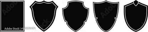 Set of Black Shield Icons and Heraldic Crest Shapes for Security Logo Design Insurance Protection Branding and Military Badge Graphic Elements in Flat Minimalist Style
