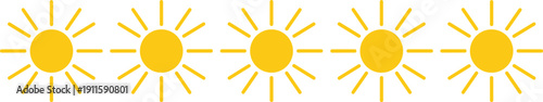 Set of bright yellow sun icons with rays representing solar energy renewable power summer weather forecasting clear skies morning sunshine and positive daytime climate concepts