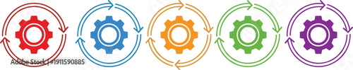 Set of colorful gear icons surrounded by circular arrows representing industrial workflow automation system synchronization teamwork productivity business process optimization and mechanical 