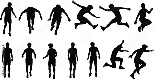 Collection of male silhouette figures showing jumping, standing and dynamic action poses isolated on white background for sports, fitness and motion design projects