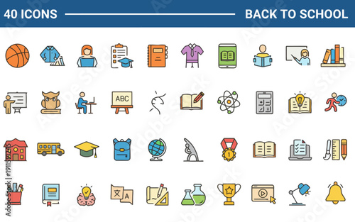 Collection of educational icons representing various subjects and activities in a classroom setting