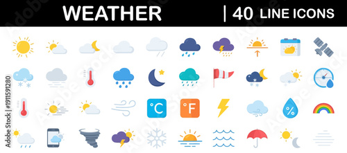 Collection of weather icons representing various meteorological conditions and forecasts